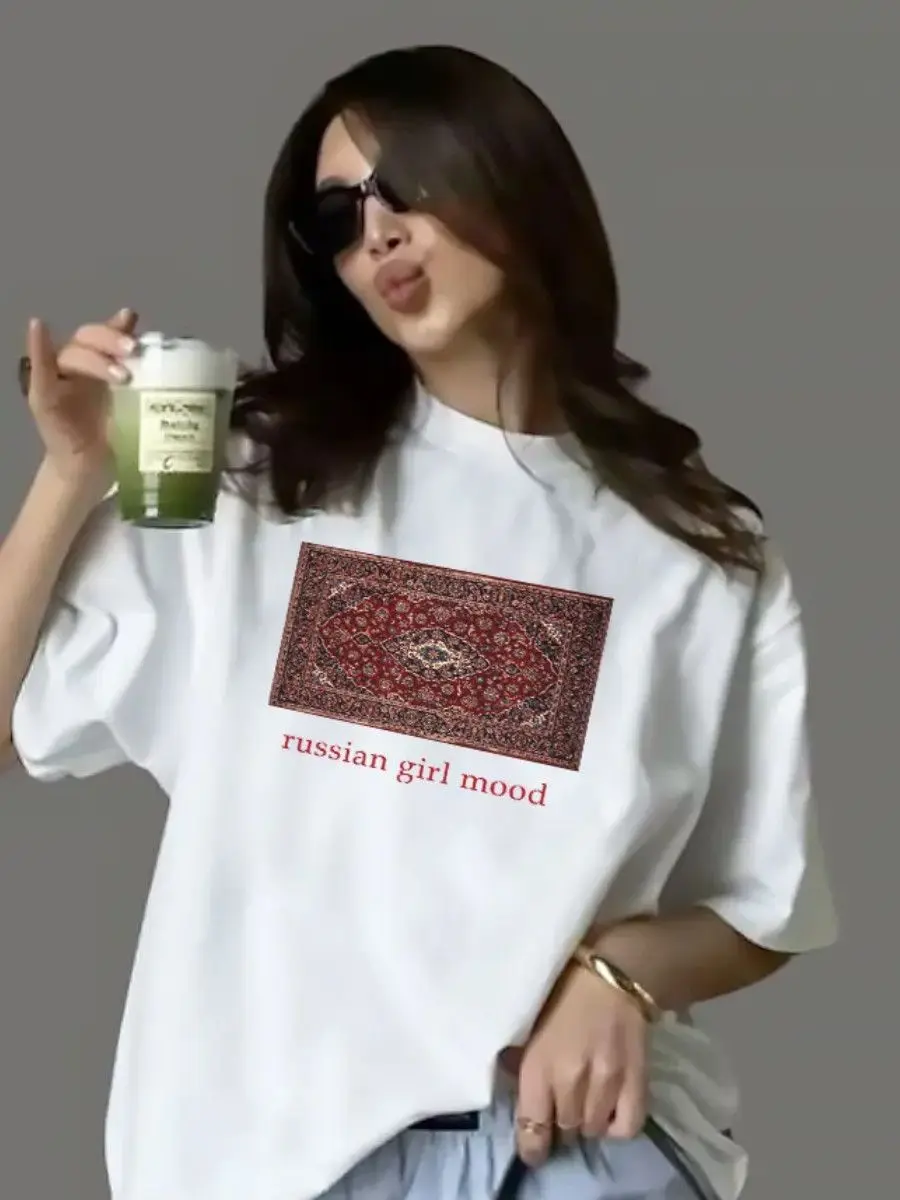 Chic Sweet Cotton T-Shirt Vintage Red Persian Oriental Rug Carpet Graphic Russian Girl Mood Print Loose Casual Short Sleeve Tee