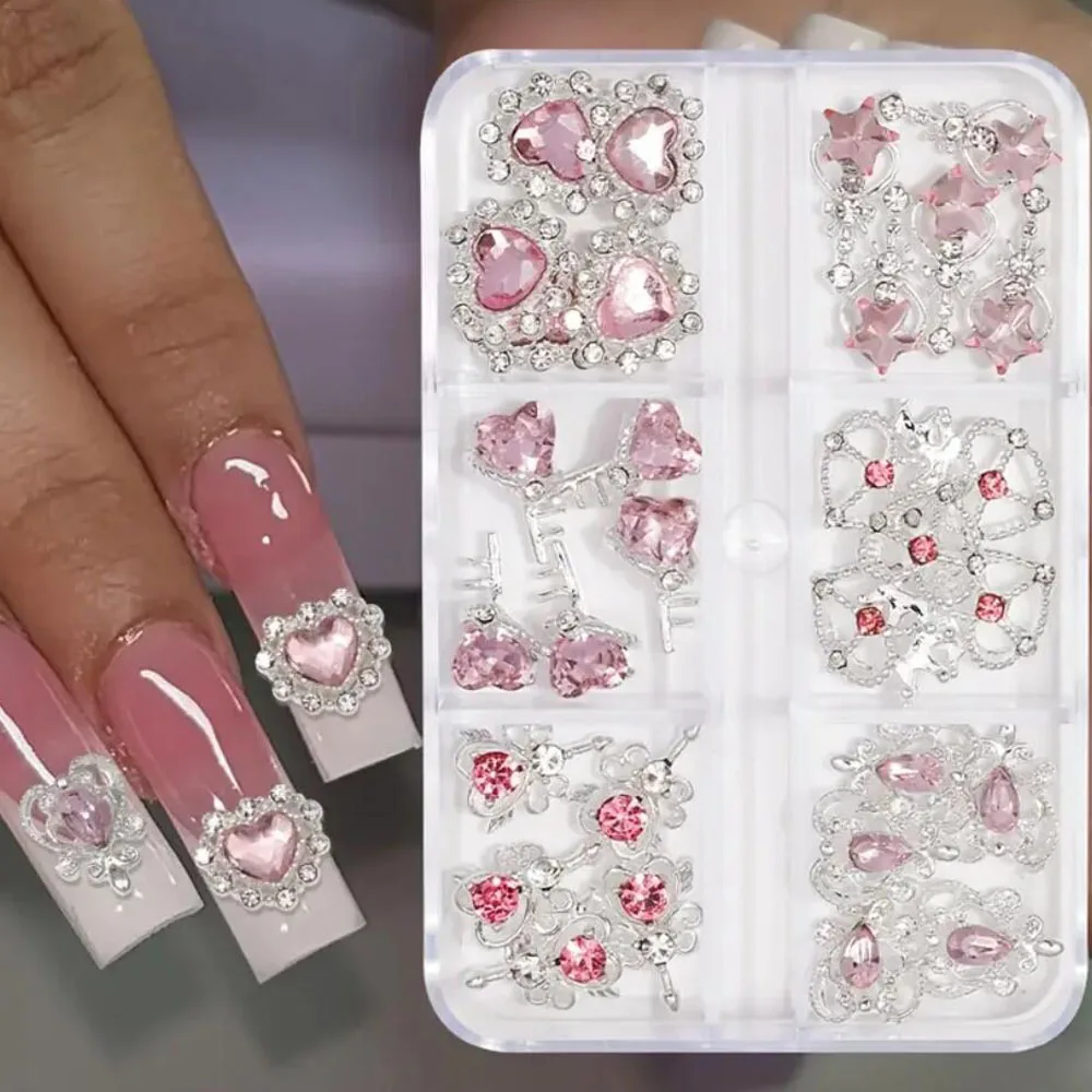30 pièces 3D rose amour coeur ongles breloques ongles strass cristal verre baguette magique bijoux argenté Base clous à ongles Nail Art Decorati