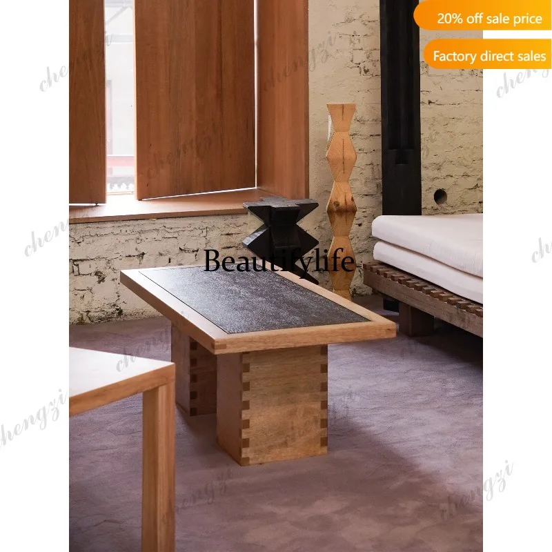 QQ Pure log wabi-sabi wind solid wood coffee table simple designer living room table