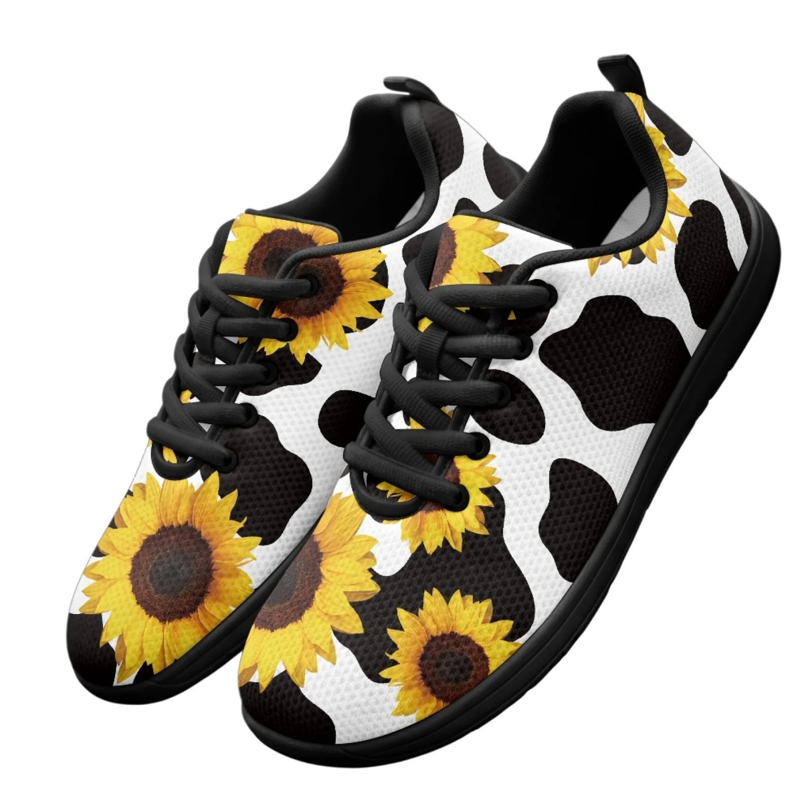 PENSTROLL Sunflower Cow Print Barefoot Sneakers Mesh & EVA Extra Wide Width Sneakers Lightweight Barefoot Shoes for Walking