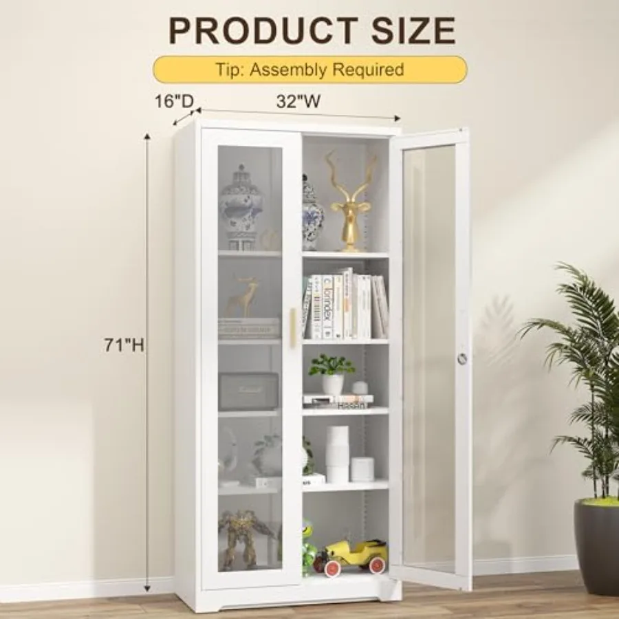 Home curio display cabinet with glass doors, metal construction, black finish, locking tall design for collectibles, trophies l view 3