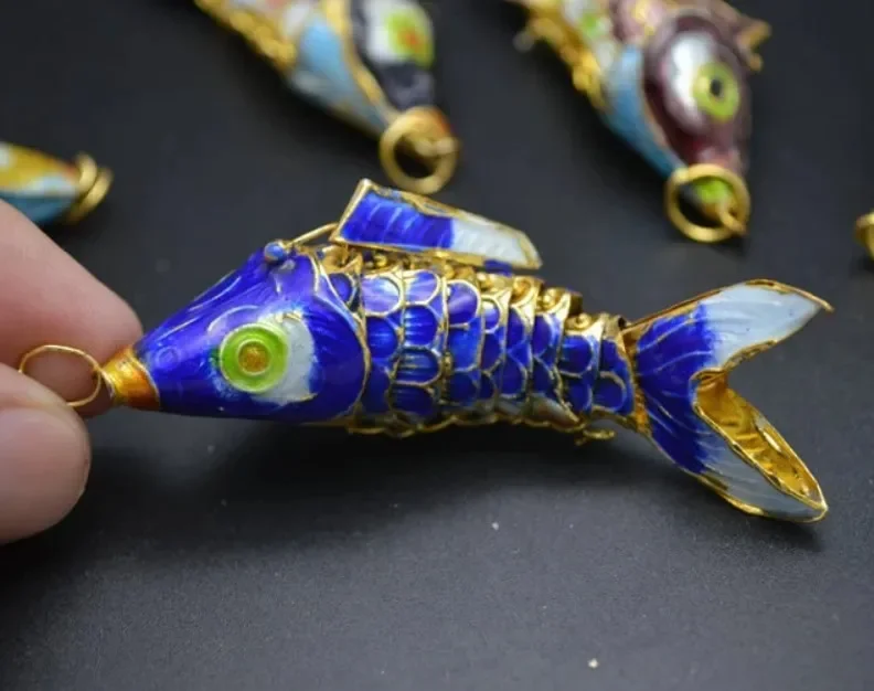 5pcs Wiggle Like Real Fish Chinese Cloisonne Mixed Colors About 45mm White Blue Green Carp Fish Necklace Pendants