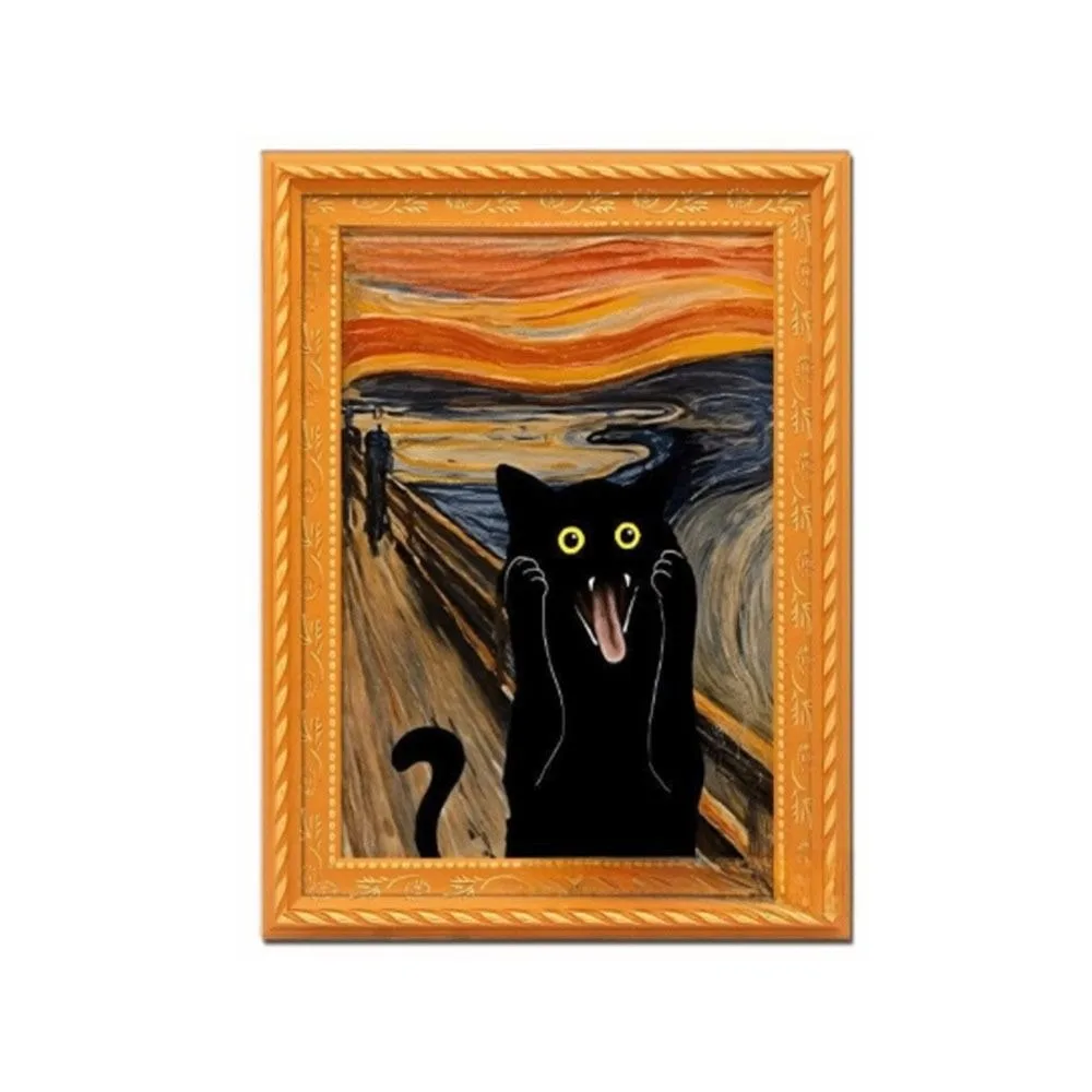 

Oil Painting Style Cat Refrigerator Magnets Cat Pattern Funny Wooden Frame Fridge Magnets Cat Art Print Vintage