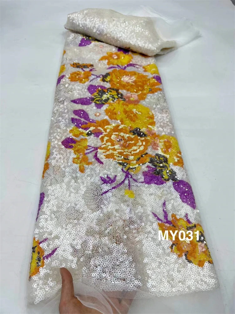 

Latest African Sequins Lace Fabric 2025 High Quality Lace Embroidery Beaded Mesh Fabric 5 Yards For Women Wedding Party Dress