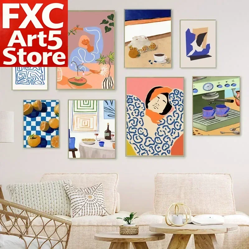 1PC Frameless Abstract Geometry Line Girl Coffee Maker Fruit Canvas Painting Posters and Prints Wall Art Living Room Interior Ho