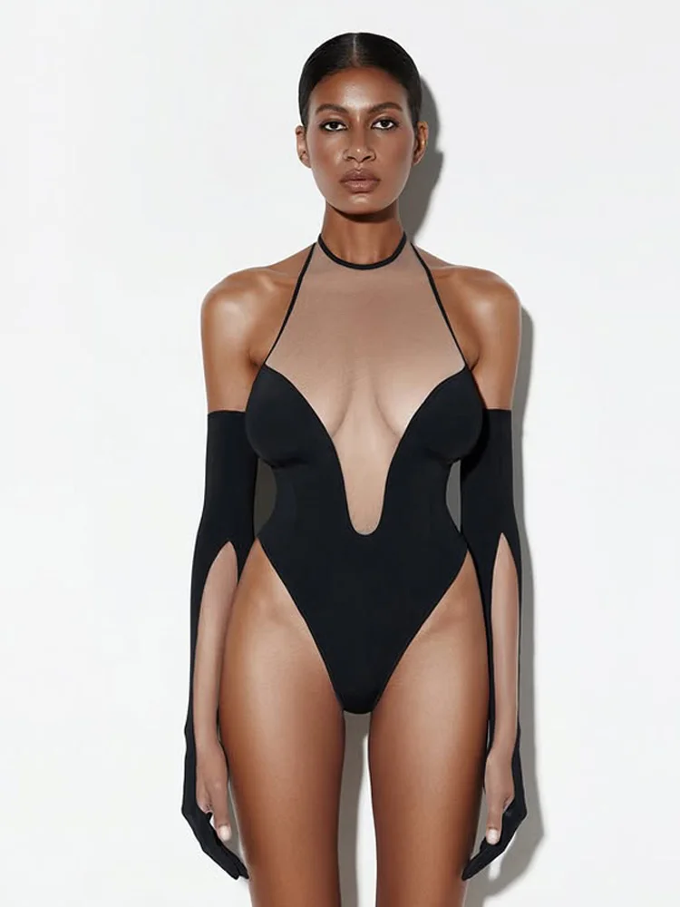 Sexy Mesh Patchwork Body Donna Guaina Moda Tees Top Senza maniche O-Collo Aderente Sheer Streetwear Pagliaccetti T-shirt femminili