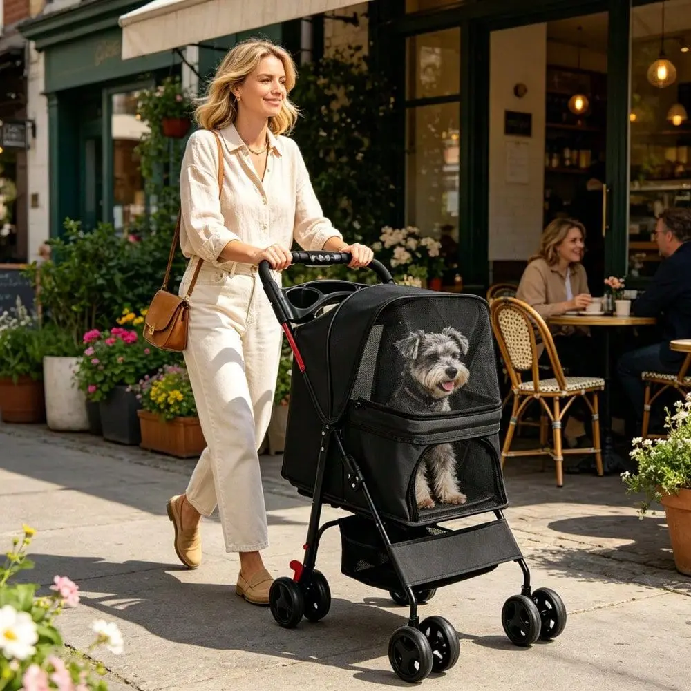 Pet Stroller For Small Dogs And Cats Under 28 Lbs With MultiFunctional Tray, 2 Safety Leashes, Storage Basket Breathable Mesh,