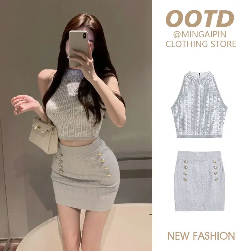 

Sweet Hot Girl Suit Women's Summer Slim Fit Sleeveless Top High Waisted Knitted Wrap Hip Mini Skirt Two-piece Set Female Clothes