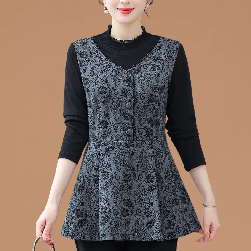 Long Sve Middle-Aged Mothers Spring Autumn Faionable Beautiful Belly Top Loose T-irt TT255