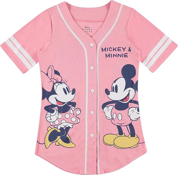 Disney Women's Mickey Mouse Fashion Shirt Mickey Mouse and Minnie Mouse Baseball Sweatshirts Adult Button Baseball Jersey