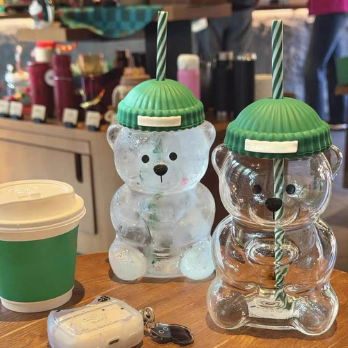 2025 nueva taza de café con forma de oso de dibujos animados de 500ML taza de oso lindo taza de vidrio con pajita tazas de agua de café de café de leche creativas transparentes