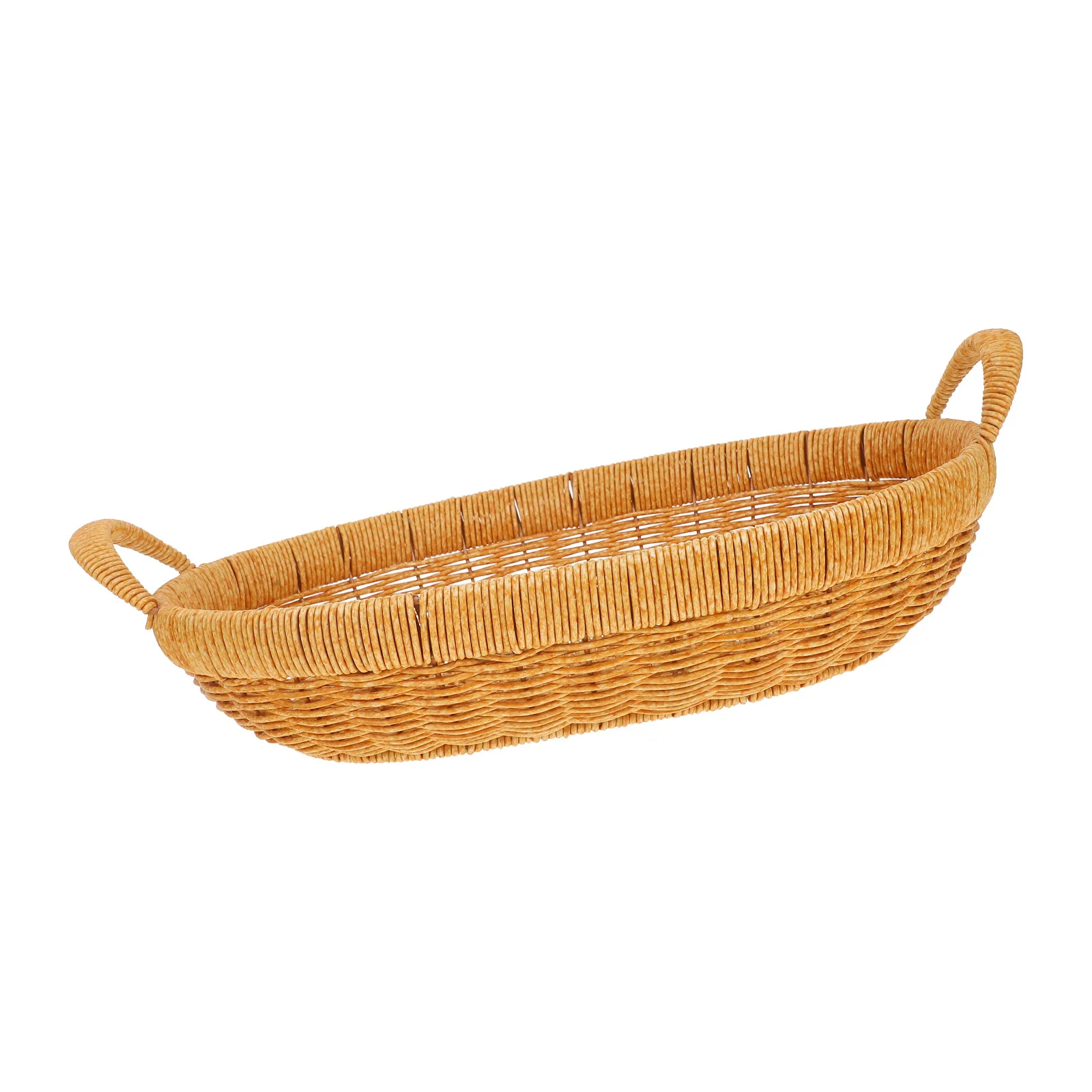 

Oval Fruit Snack Basket Simulated Rattan Double Handles Desktop Organizer Rustic Woven Storage Tray for Kitchen Living Room