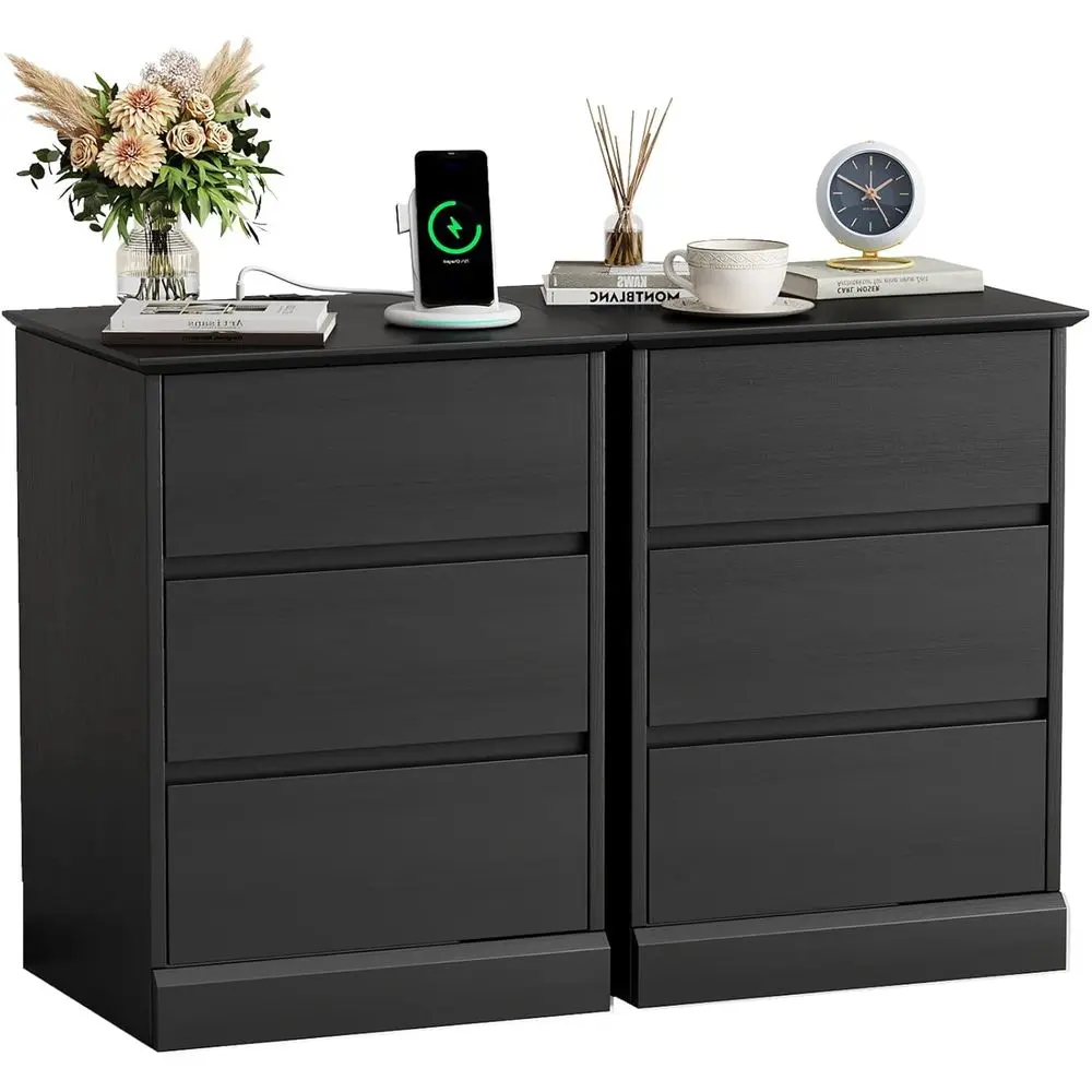 Juego de 2 Mesitas de Noche Negras con Carga Inalámbrica, 3 Cajones, Puertos USB y Tipo-C