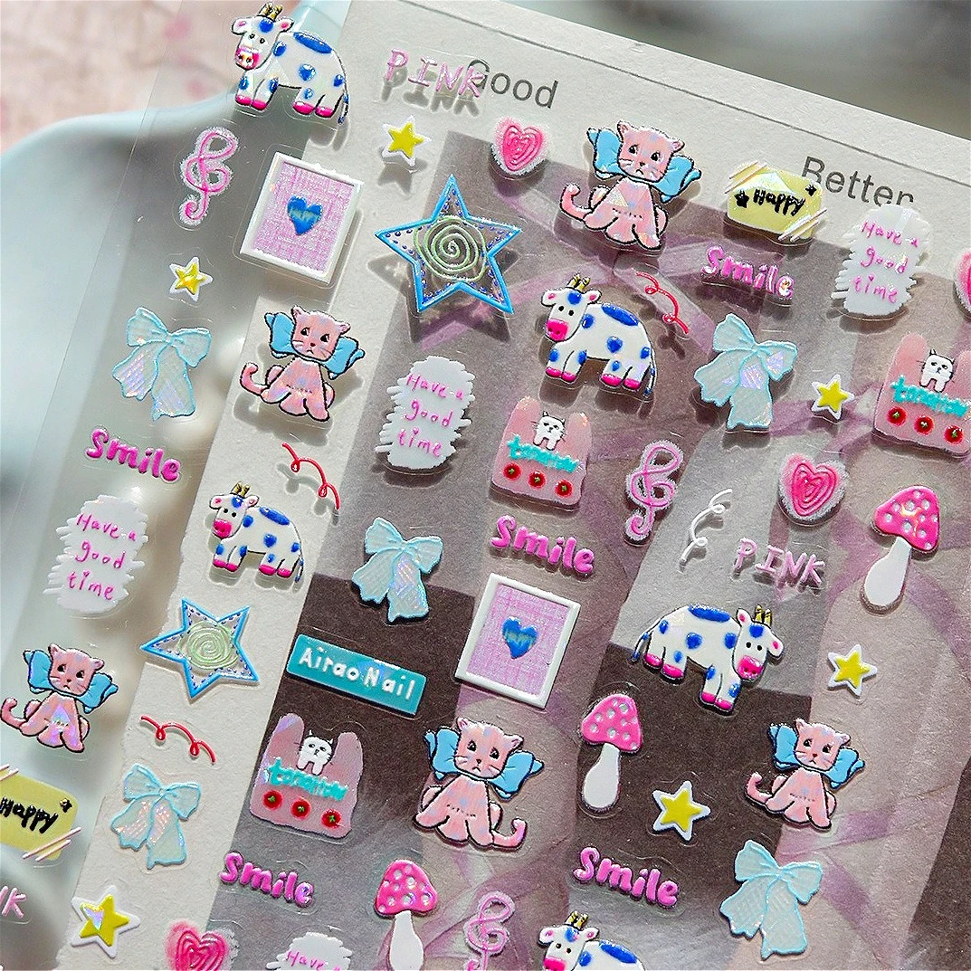 

Cute Cat Dog Cows Duck Mushroom Star Cake Bowknot Rainbow Clouds Puppy Apple Flower Vases Musical Note Nail Art Stickers Decals