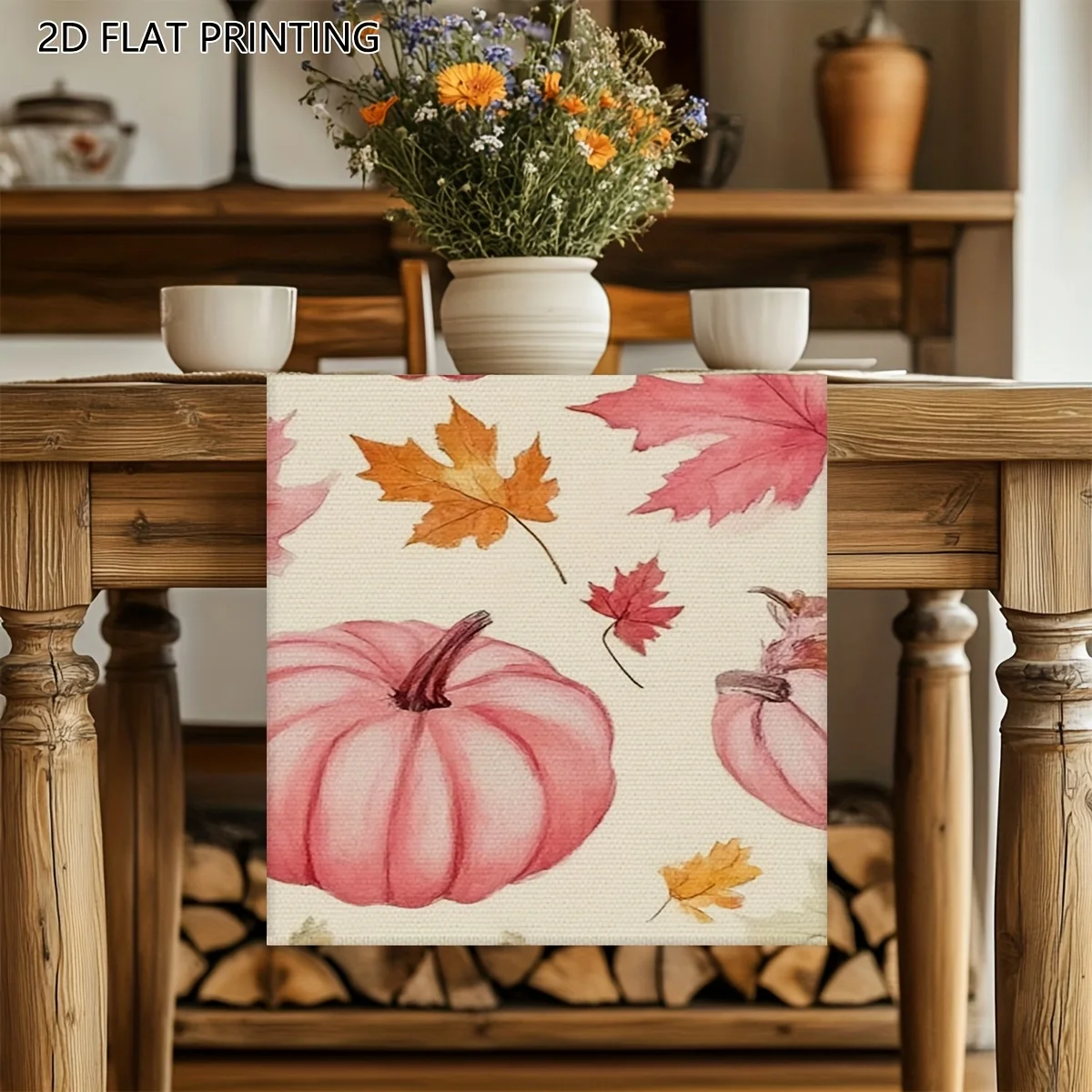 1 Piece of Watercolor-Style Autumn Pink Pumpkin Table Runner, Light Background with Pink Pumpkin and Colorful Maple Leaf Pattern, Suitable for Autumn Family Banquets, Pastoral Restaurants, Harvest Festival Decorations, Rural B&B Decorations, Outdoor Picnics, Art Studios, Warm Living Rooms, Holiday Gift Scenes