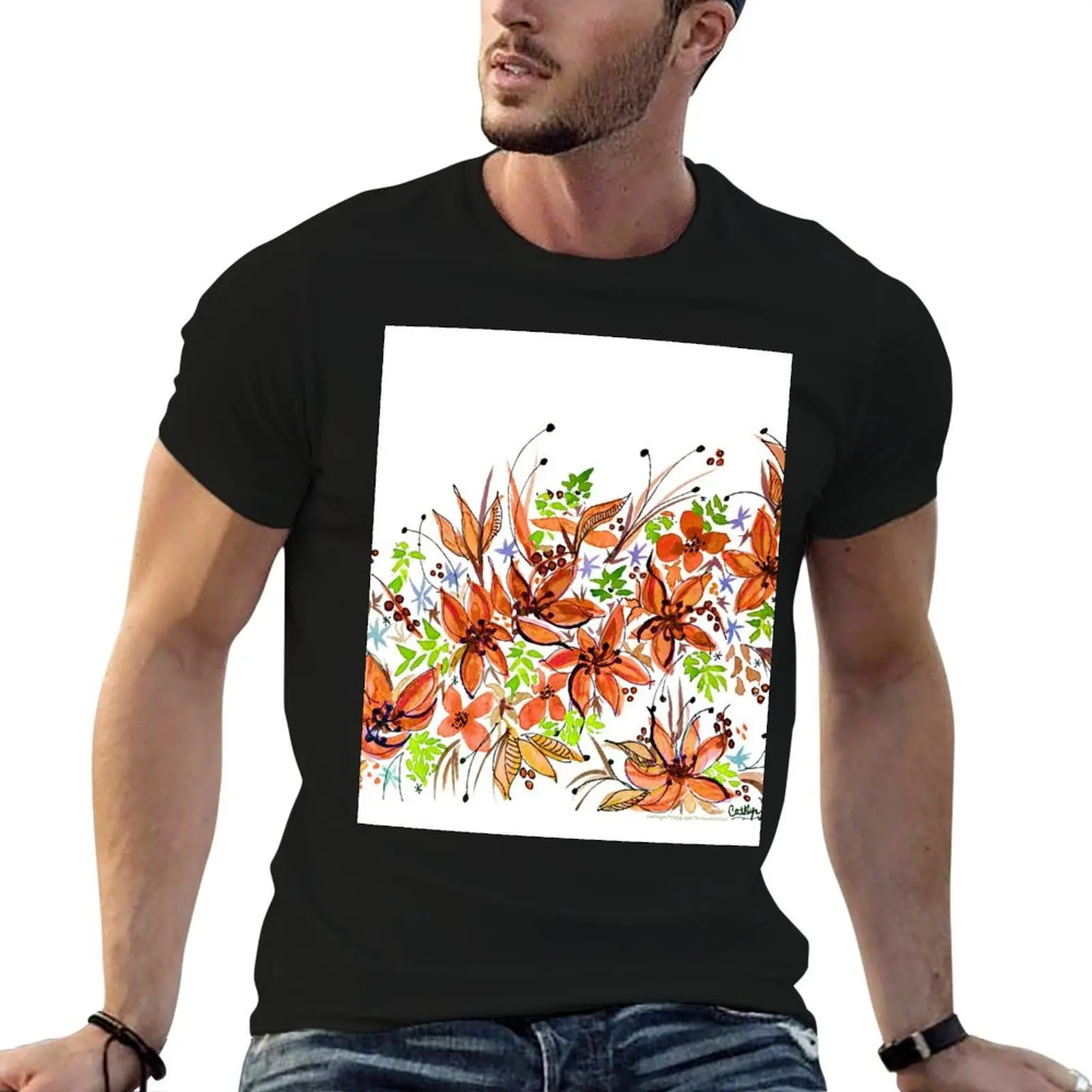 

Hawaii Sings Orange with Flowers T-Shirt customizeds vintage anime shirt Men's clothing