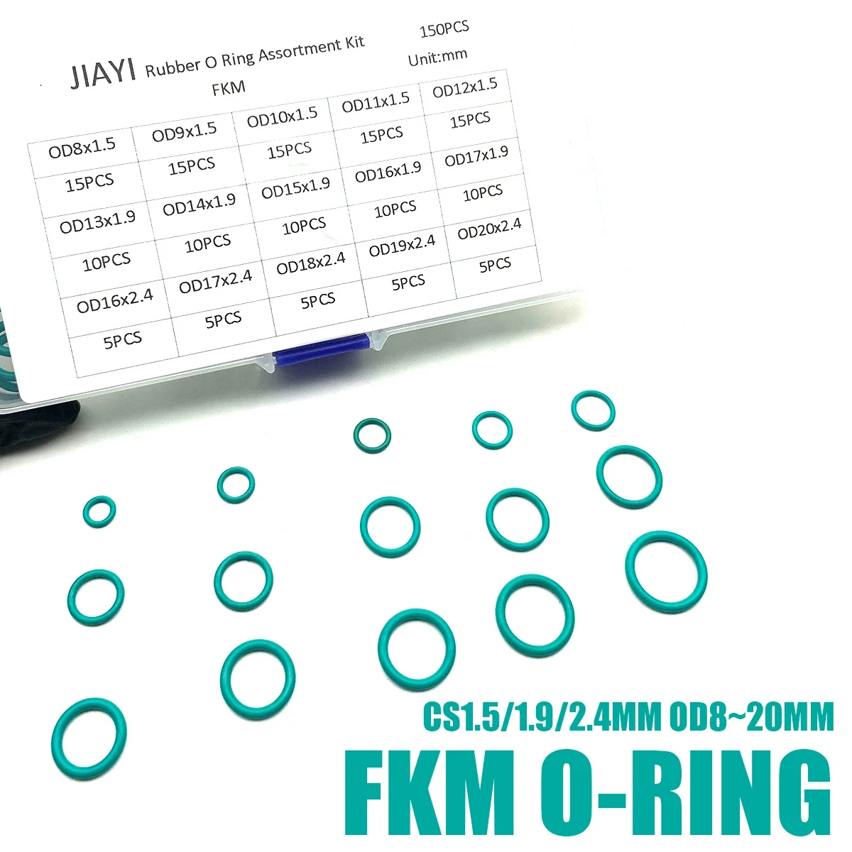 150Pcs Green FKM O Rings Kit Rubber Seal Gasket High Temp Oil Corrosion Resistant CS1.5 /1.9/ 2.4mm for Industrial & Automotive.