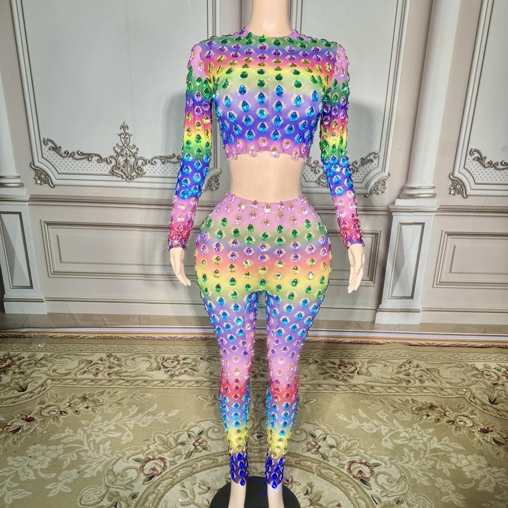 Sparkly Colorful Crystals Long Sleeve Crop Top Pants Two Pieces Sexy Birthday Celebrate Outfit Leggings Dance Costume Stage Wear