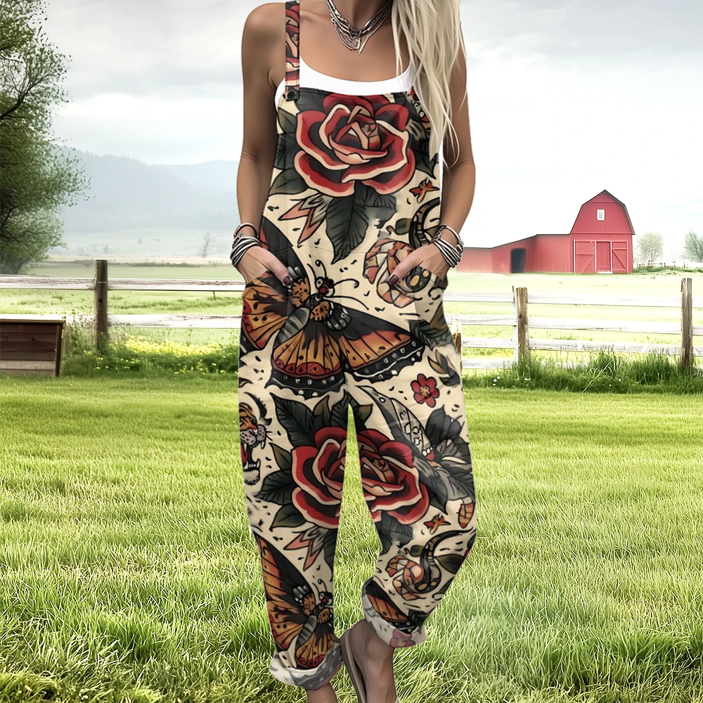 Damskie ogrodniczki w kwiaty z motylami, kombinezon bez rękawów w stylu boho z kieszeniami, fioletowo-różowe ogrodniczki z motywem dzikich kwiatów na letnie festiwale.