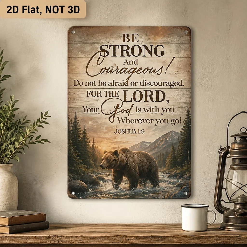 2D Flat 1pc Rustic Brown Be Strong And Courageous Bible Verse Joshua 1_9 Forest Bear Print Wall Metal Sign for Home Cabin Decor