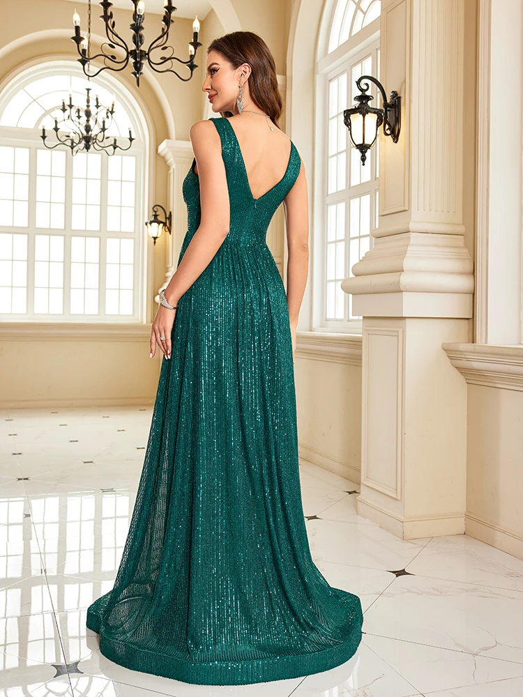 Lucyinlove-Robe de Soirée Formelle à Paillettes pour Femme, Robe de Cocktail Maxi, Col en V, Vert Fibre, ixde Mariage, Luxe, 2024