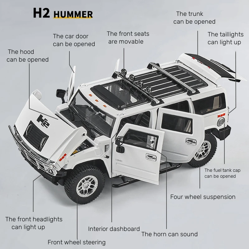 1:18 Hummer H2 SUV Alloy Large Off-Road Vehicle Diecast Metal Scale Car Model Sound＆light Collection Childrens Toy Car GIfts