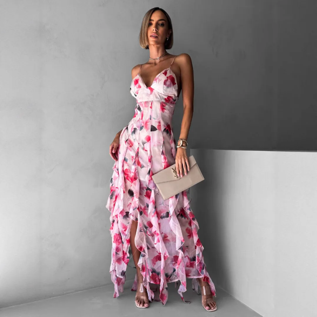 Summer New 2025 Women Sexy V Neck Backless Flower Chiffon Maxi Gowns Dress Split Celebrity Cut Out Beach Maxi Dress