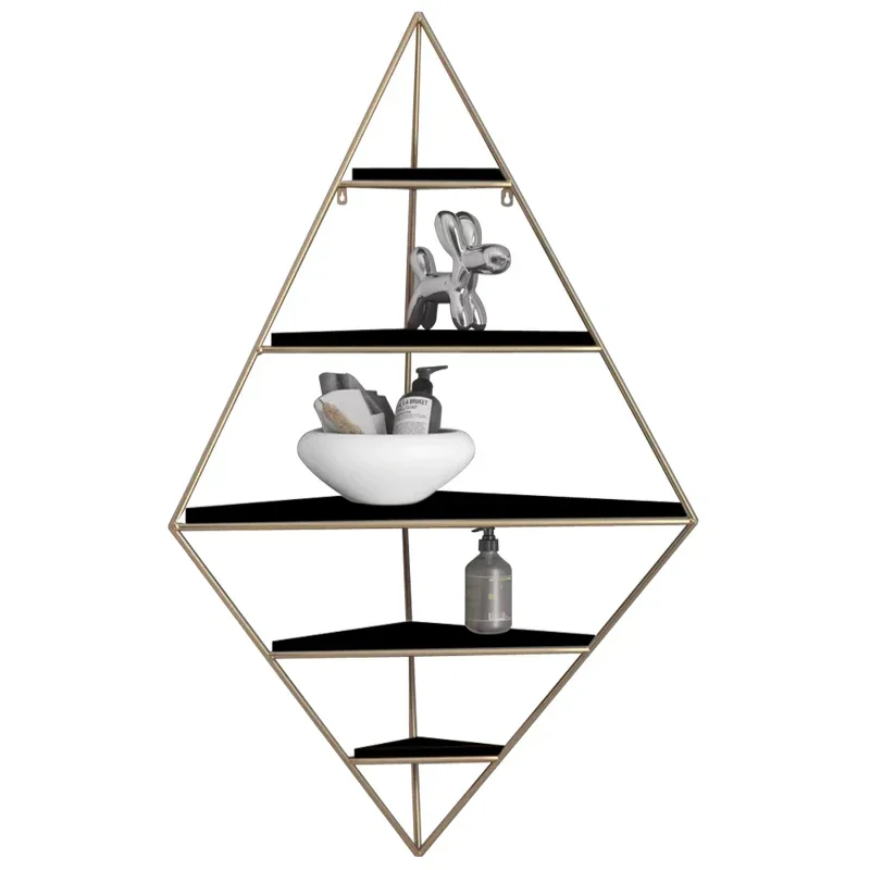 Nordic Golden Wall Tripod Shelf Iron Metal Wooden Storage Rack Wall Mount Hanging Bookshelf Home Decor Elegant Display Shelf