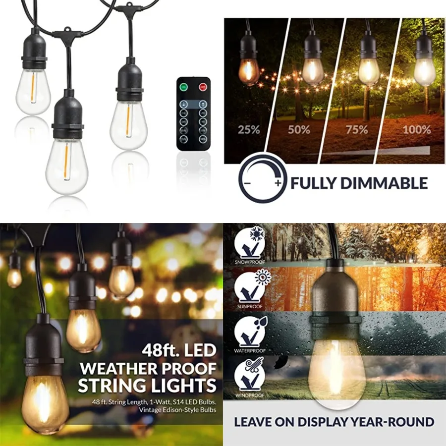 

LED String Lights with Weatherproof Technology, Dimmable with Wireless Remote Control, 48ft and 16 15+1 Free LED Light Bulbs In