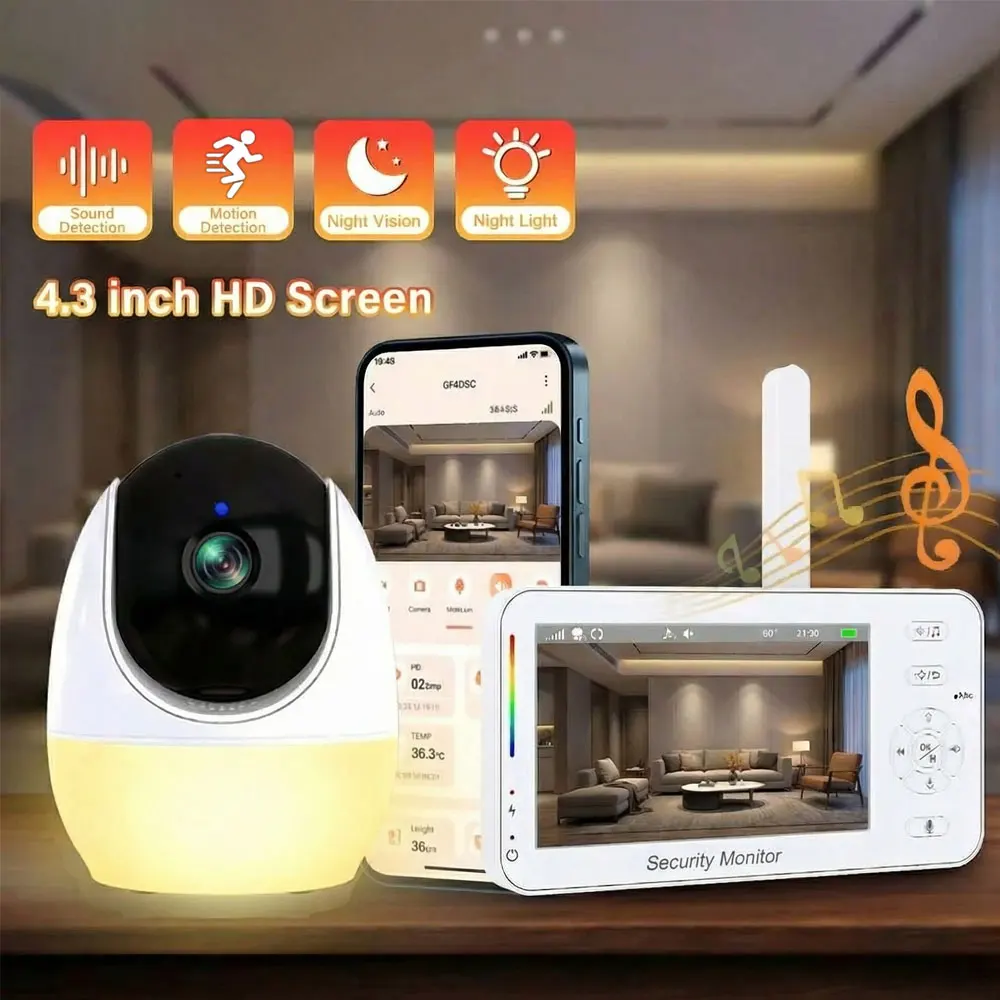 4,3-Zoll-Video-Babyphone mit Kamera, PTZ, Nachtsicht, Zwei-Wege-Audio, Bewegungs- und Geräuscherkennung, Nachtlicht für das Kinderzimmer