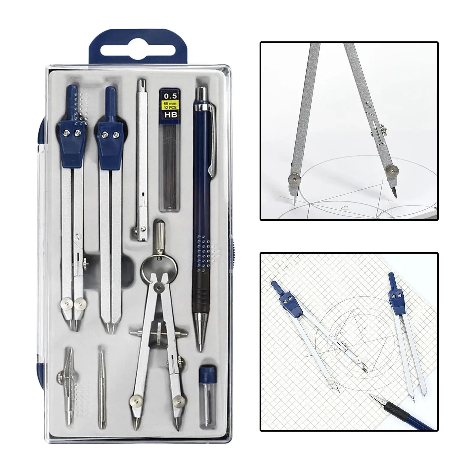 9 Pieces Math Geometry Sets with Storage Box,Includes Compass Replacement Pins, Pencil for Drafting and Drawings
