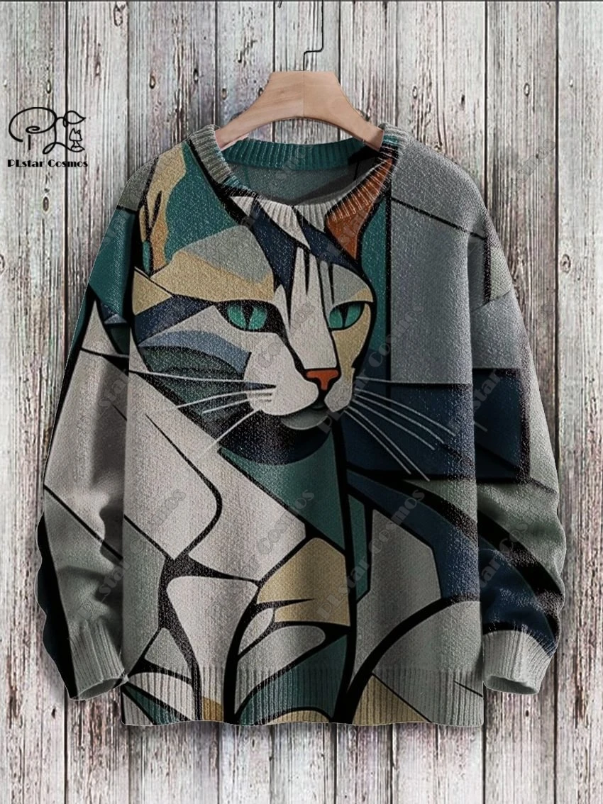 PLstar Cosmos new 3D printed animal series cute funny cat pattern ugly sweater winter street casual unisex M-12