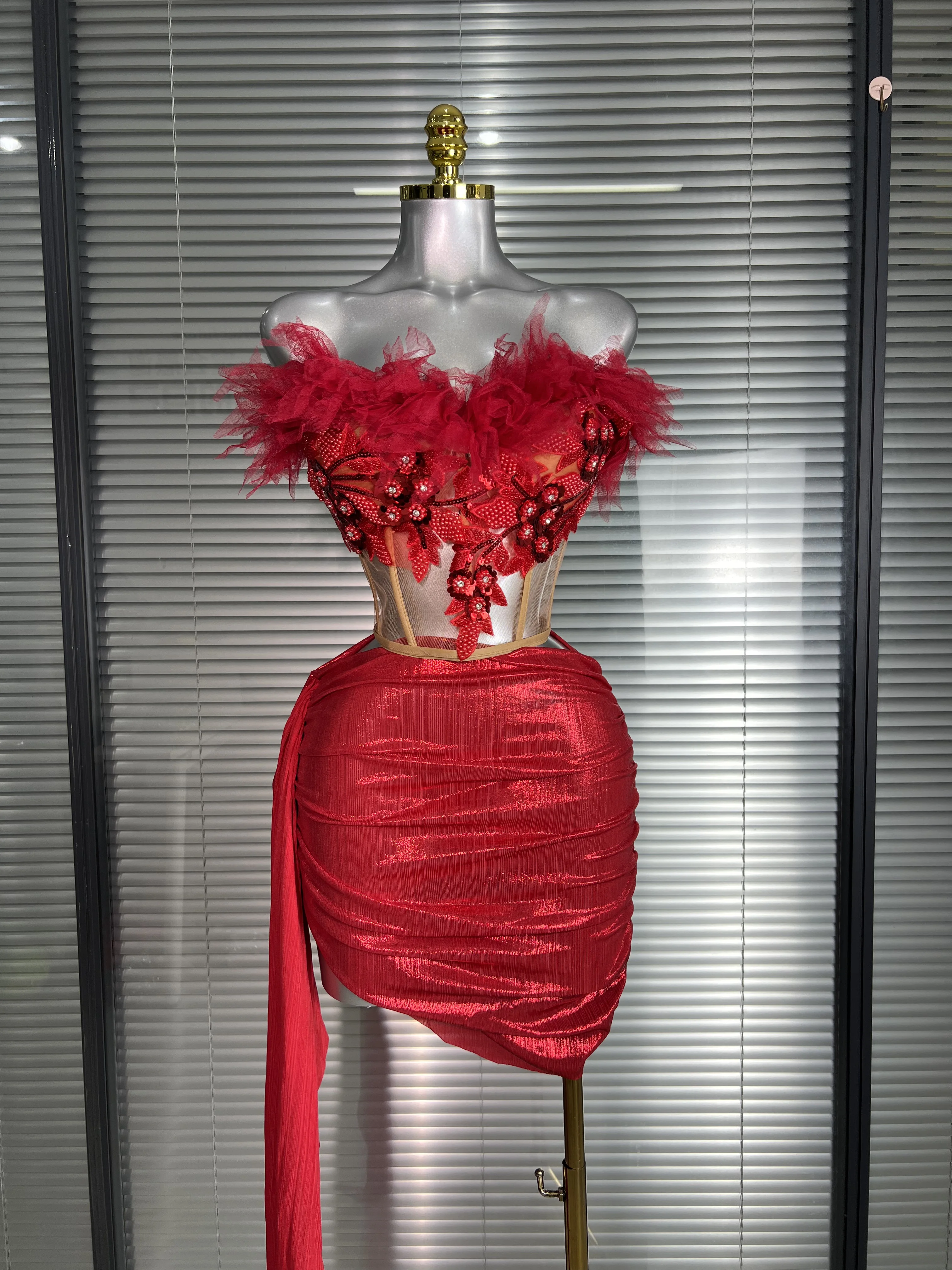 

New Women Sexy Strapless Two Pieces Set Red Flower Night Club Skirt Suits Laced Singer Dancer Stage Performance Costume
