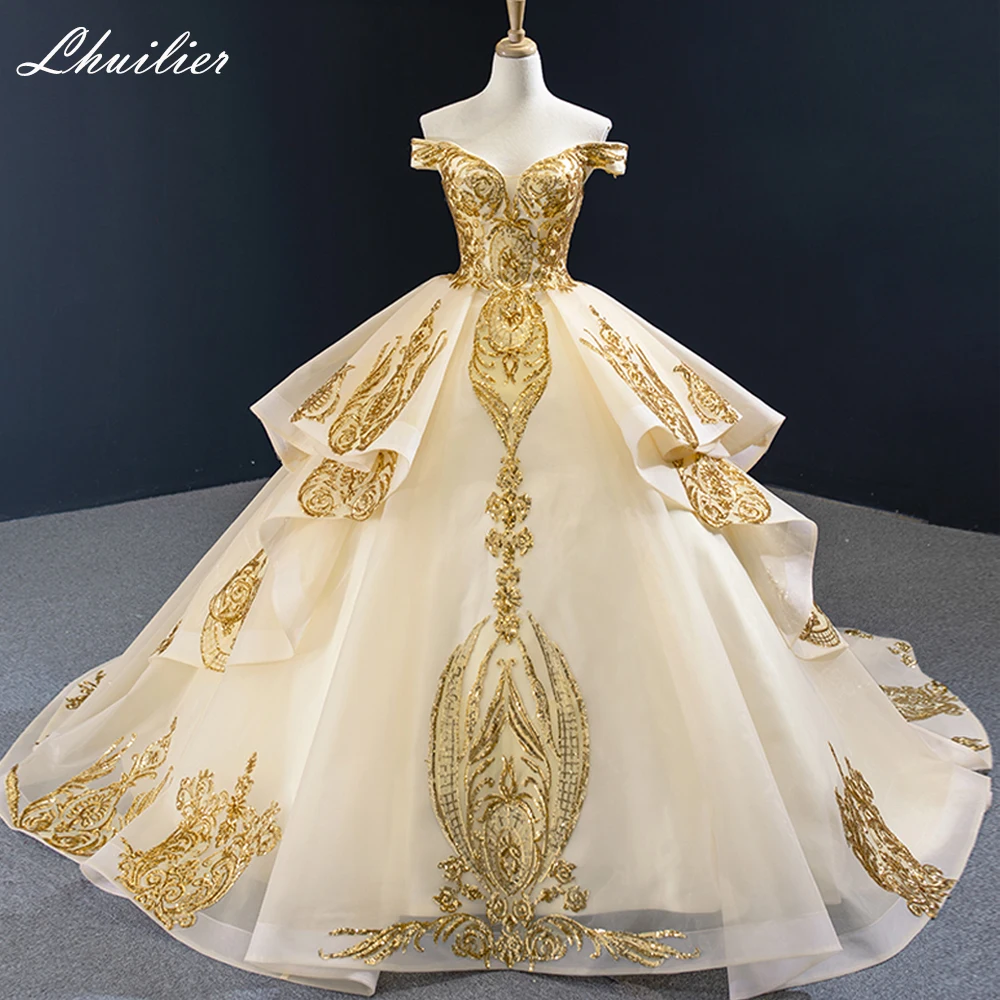 Lhuilier Customized Boat Neck Ball Gown Sequined Wedding Dresses Floor Length Off the Shoulder Bridal Dress with Chapel Train