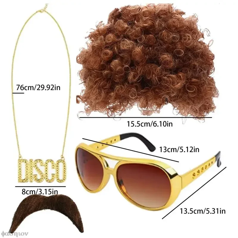 Erwachsene Hippie synthetische Perücke Hut Set lustige Disco Hippie Party Cosplay Dress Up Kostüm Requisiten Haar Sonnenbrille Halskette Schnurrbart 4PCS