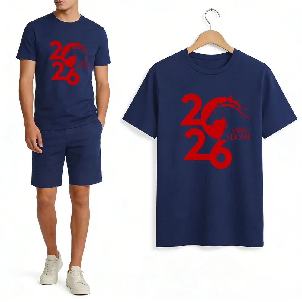 2026 السنة الجديدة للحصان سعيد الرجال قميص قصير الأكمام الصينية زودياك 2026 عيد الميلاد 2026 سنة الحصان موضة تي شيرت بلايز #3