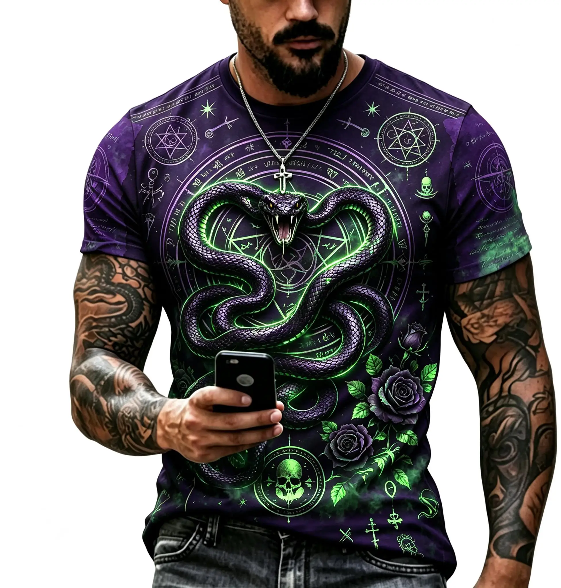 Men Summer Casual T-shirt, Retro Occult Snake & Red Rose Skull Graphic Print Short Sleeve Shirt