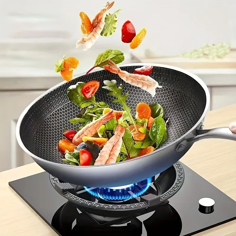Non Stick Honeycomb Stainless Steel Wok Suitable for Gas Induction Cooker Cooking Easy Clean Salads Stir Fry Excellent Kitchen
