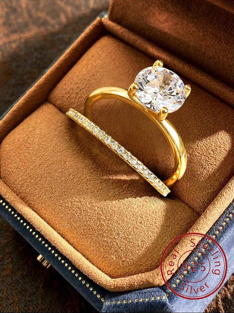 925 Sterling Silber Mode Einfache Glänzende Runde Zirkon Ring Set Für Frauen Jahrestag Hochzeit Luxus Hohe Qualität Edlen Schmuck