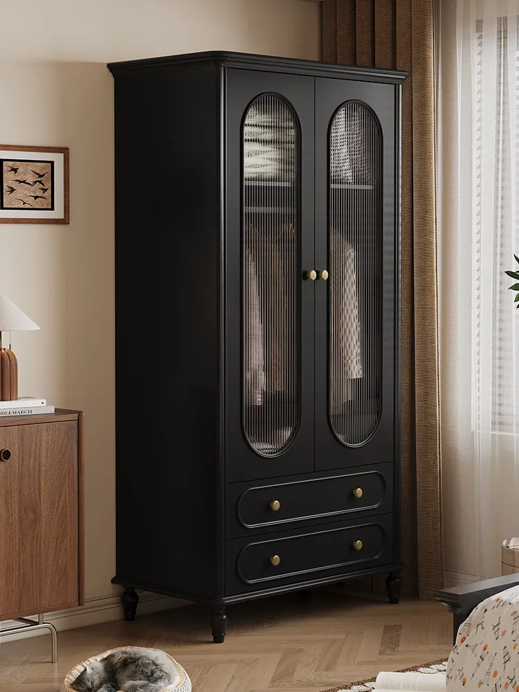 

Черный шкаф из цельного дерева во французском винтажном стиле, двухдверный шкаф для дома, спальни, простой шкаф для хранения в маленькой квартире