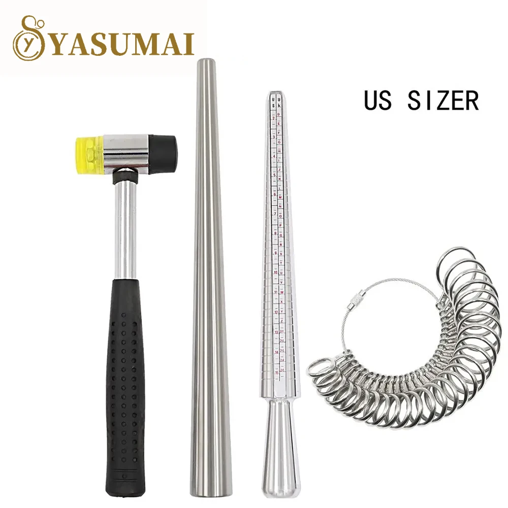 Yasumai 4PCS Narzędzie do pomiaru rozmiaru pierścienia z metalowym trzpieniem do pomiaru rozmiaru palca Miarka do pierścienia Gumowy młotek jubilerski