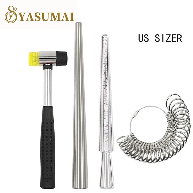 Yasumai 4PCS Narzędzie do pomiaru rozmiaru pierścienia z metalowym trzpieniem do pomiaru rozmiaru palca Miarka do pierścienia Gumowy młotek jubilerski