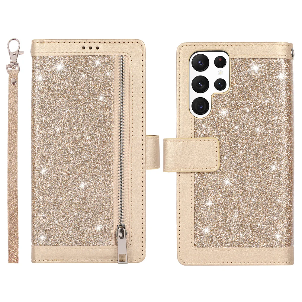 Étui portefeuille en cuir à paillettes Bling de luxe pour Galaxy, étui à fermeture éclair Kly, S23 Ultra, S7, S8, S9, S10, 5G, S20, S21, FE, S22 +, S23 Plus, Rotterdam