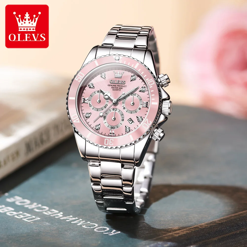 OLEVS 5632 Original Quartz Movement Watch For Women 24-hour Display Date Window Chronograph Button Steel Bracelet Luminous Function Elegance Watch