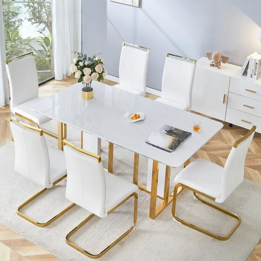 

Dining Table and Chairs,Stainless Steel Base,Faux Marble Dinner Tables Set of 6, Easy to Assemble,6Piece Kitchen Room Table Sets