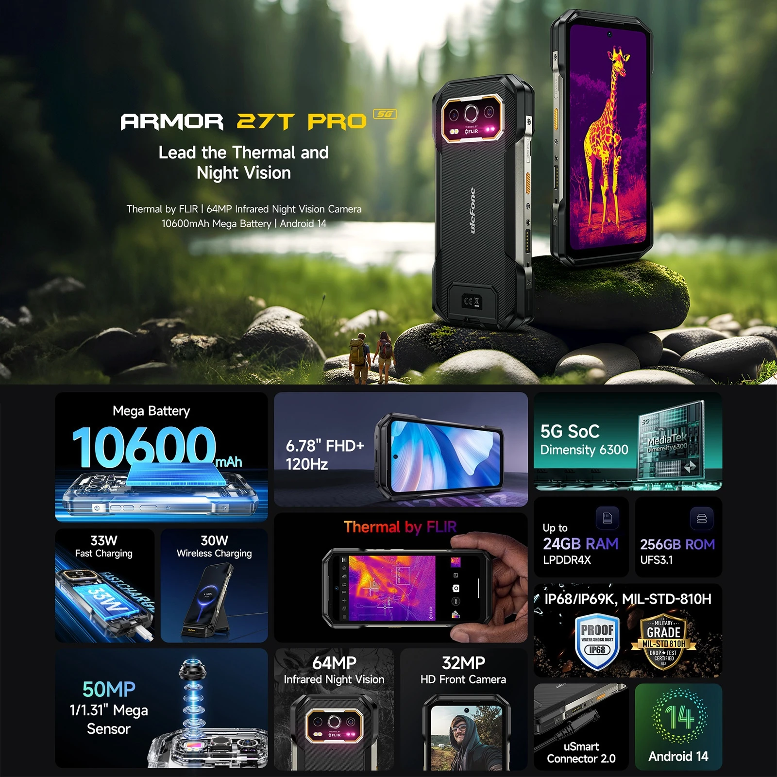 Ulefone Armor 27T Pro Rugged Phone Thermal Imaging 12GB+256GB Night Vision 10600mAh 6.78'' Dimensity 6300 5G NFC Smartphone