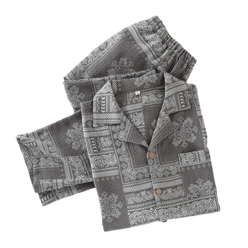 Print Autumn 2 Pcs Shirt&pants Homewear Men Cotton Pajamas Set Casual Loose Long Sleeves Lapel Loungewear Sleepwear Suit