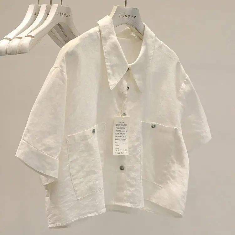 

Cotton Shirt Women Vintage Design Chic Niche Shirt Casual Temperament Short Sleeve Blouse Loose Breathable Summer Trend Top