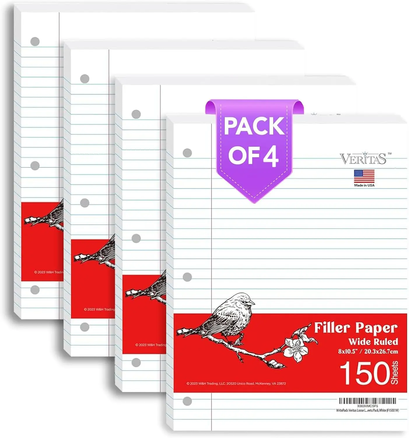 

Wide Ruled Loose Leaf Paper 600 Sheets, 4 Pack Notebook Filler Paper 8x10.5, 3 Hole Punched for Binders, Ink Bleed Resistant