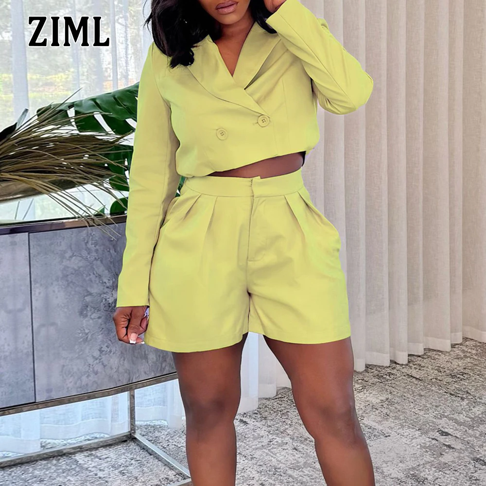 

ZIML Solid Chic Two Piece Sets for Women Lapel Long Sleeve Short Tops High Waist Folds Shorts Minimalist Loose Set Female Style